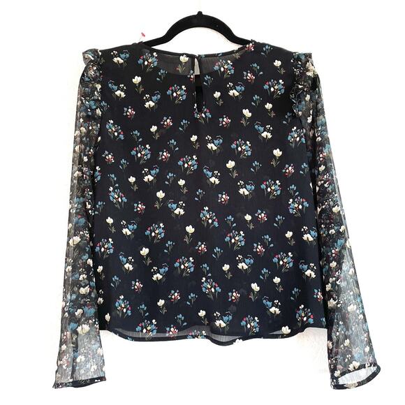 ZARA BASIC Women’s Floral Print Semi Sheer Blouse Top Ruffled Sleeve Blk - Picture 2 of 10